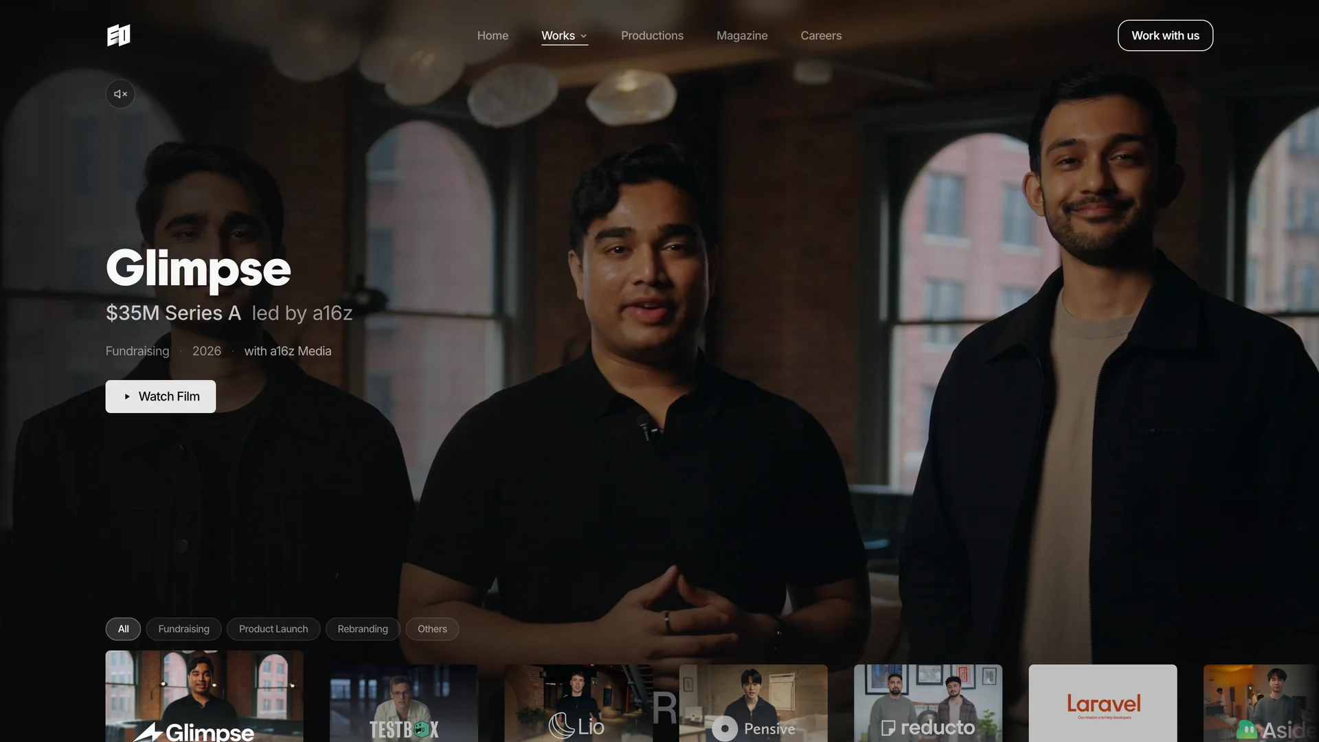 EO Production's Works page: the Glimpse founders in the film hero, the client roster below