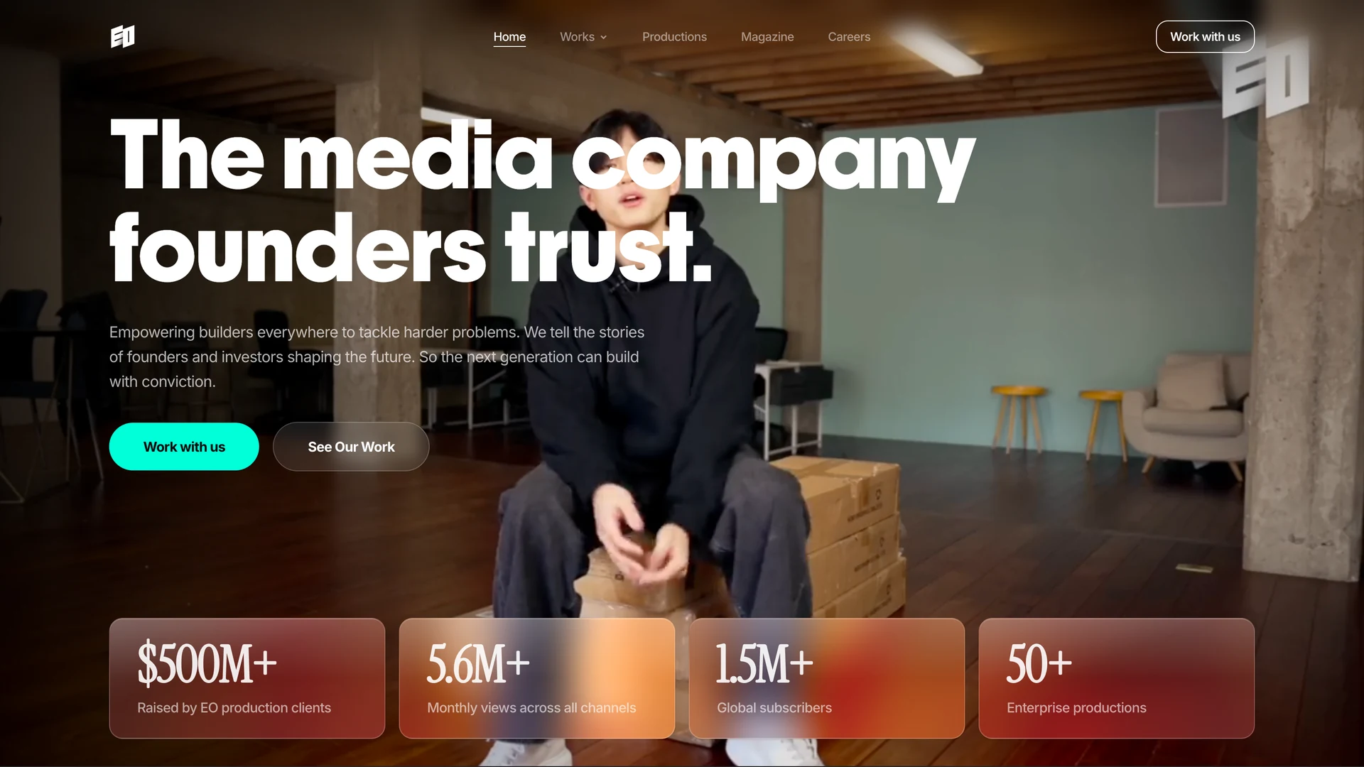 eo.team's home page: the headline ‘The media company founders trust’ over a film still, with production metrics below