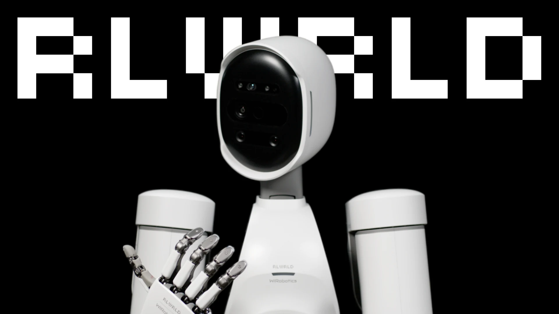Redesigned RLWRLD thumbnail: white robot on black